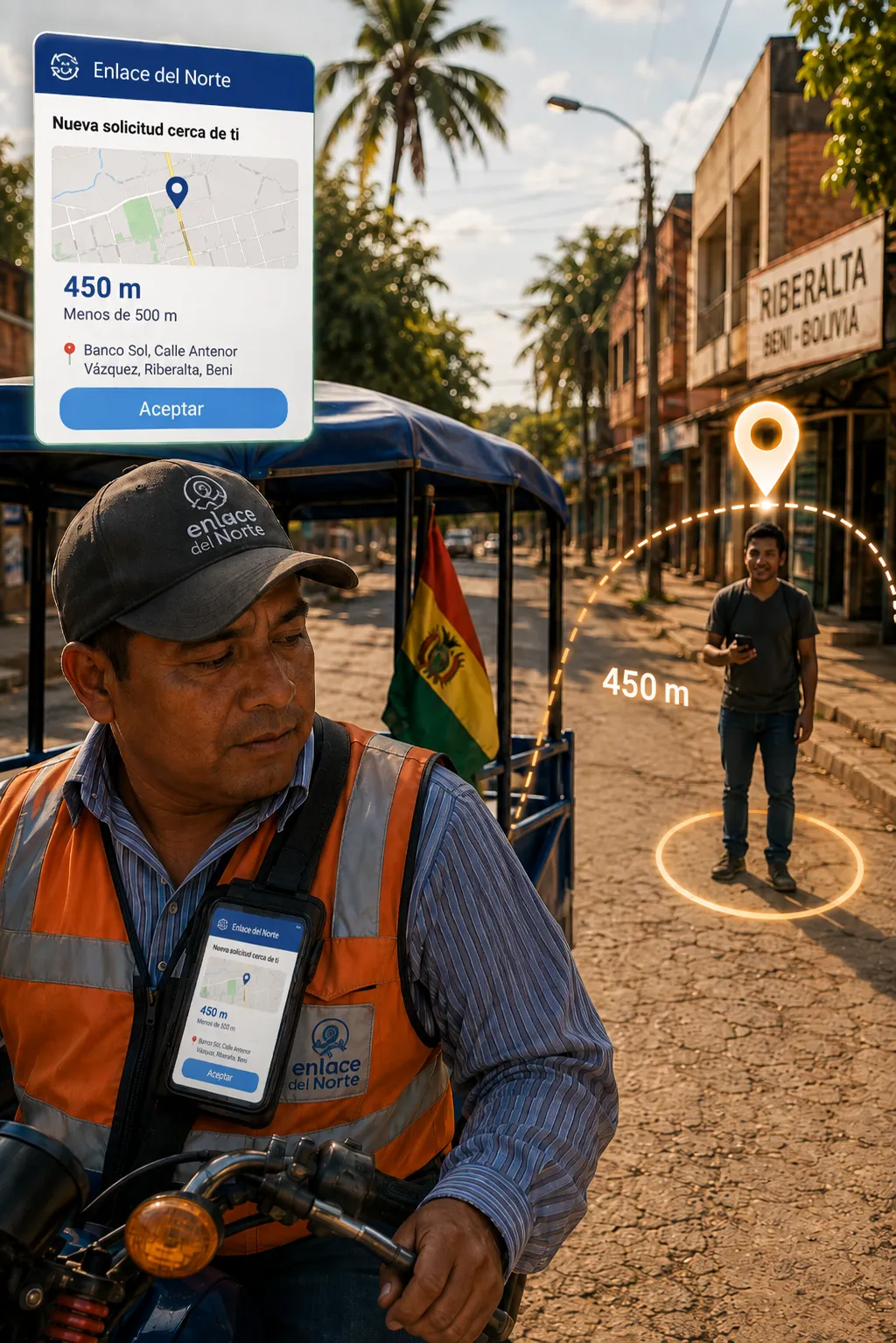 Conductor de Enlace del Norte recibiendo una solicitud cercana en Riberalta