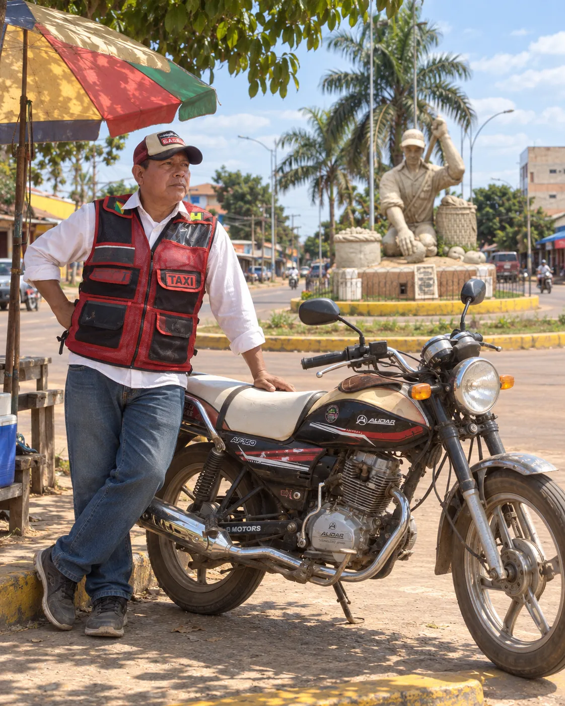 Conductor de moto taxi esperando junto a su motocicleta en Riberalta