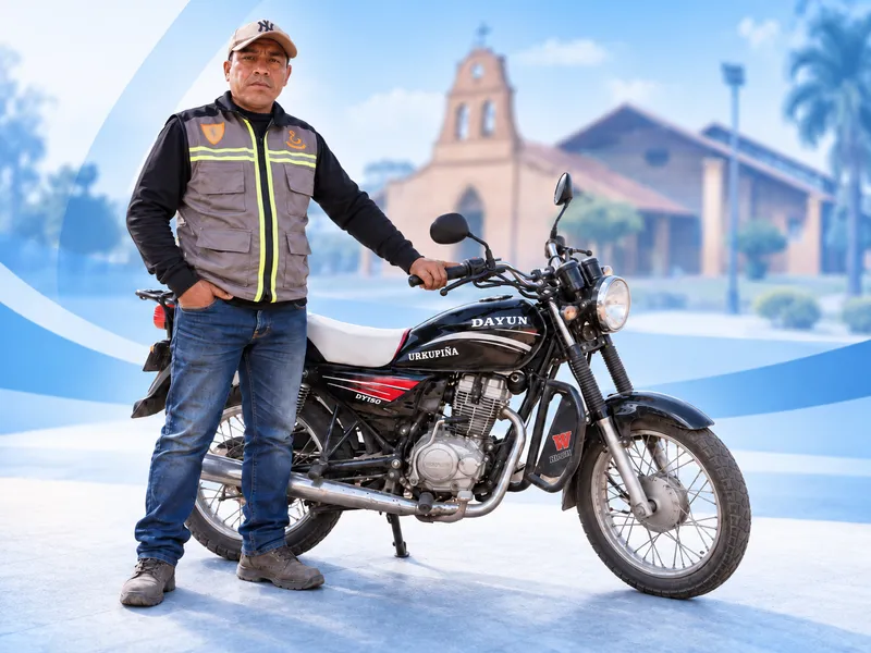 Conductor junto a una motocicleta utilizada como Moto Taxi