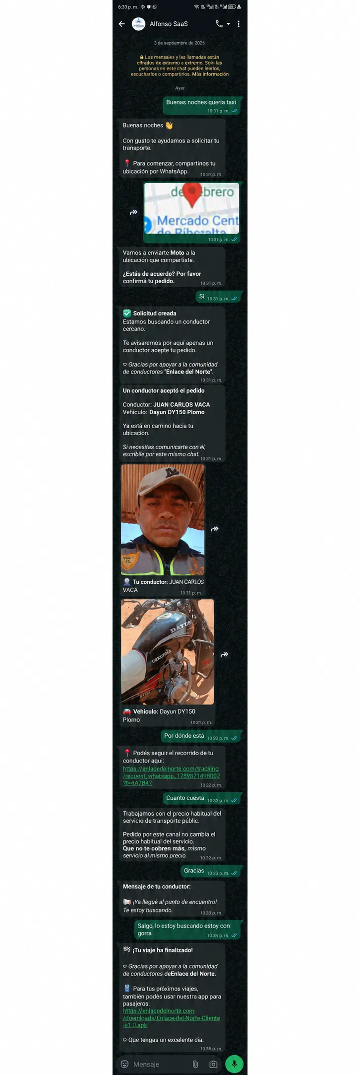 Conversación de atención por WhatsApp de Enlace del Norte desde la solicitud hasta la finalización del viaje